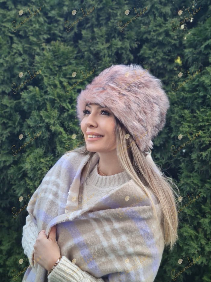 Kadın Kürk Şapka Kalpak Şapka Suni Peluş Sibirya Pembe Siyah Kırçıllı - Görsel 3