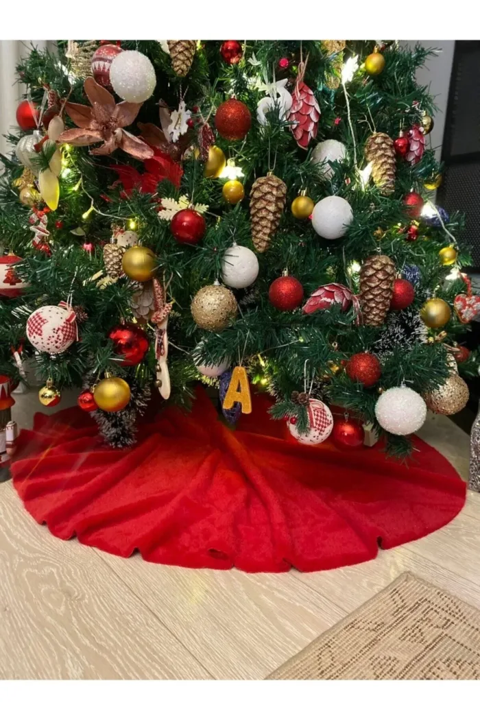 Peluş Yılbaşı Ağacı Örtüsü Yılbaşı Çam Ağacı Örtüsü Kırmızı 150 Cm Çaplı - Görsel 2